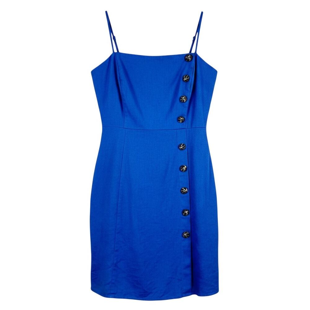Copper Key blue linen blend dress with spaghetti straps, square neckline, button
